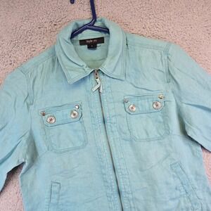 Style & Co‎ Linen Top Womens Small Blue Zip Long Sleeve Jacket Shirt Safari Moto